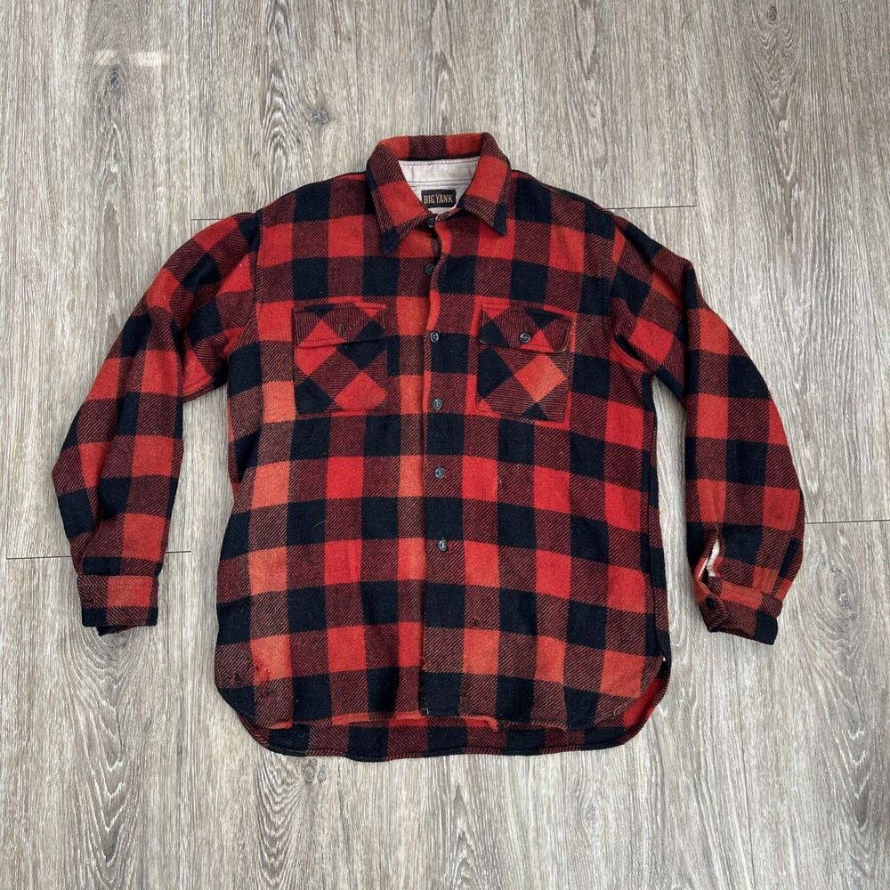 Vtg 1940s 30s Big Yank Buffalo Plaid Wool Button Up Flannel Large Rockabilly Red